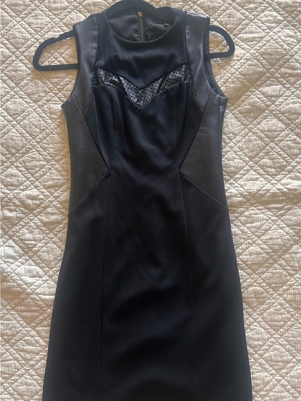 Nanette Lepore Sleek Black Sleeveless Sheath Dress with Leather, Mesh Accents